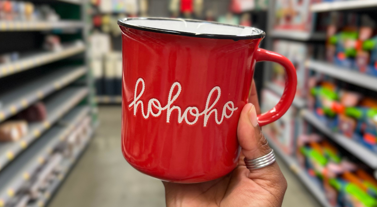 hand holding red hohoho mug