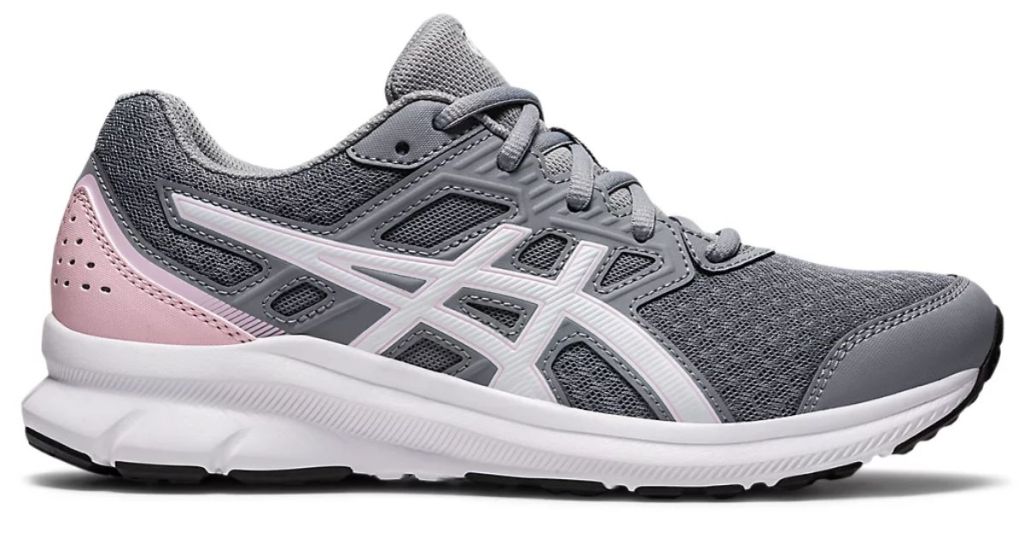 single Asics women's running shoe in grey, pink and white