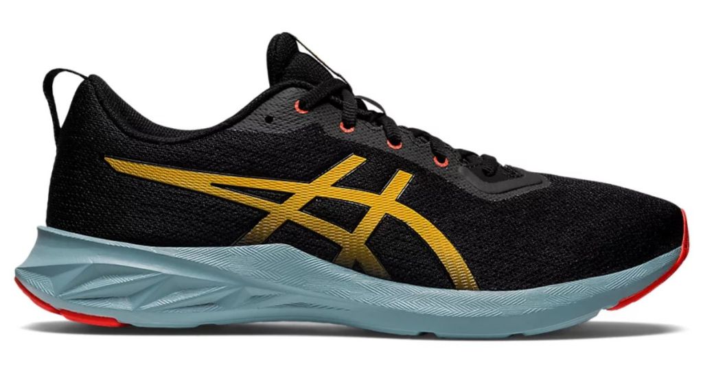 single Asics men's shoe in black with blue soles and gold / yellow accents