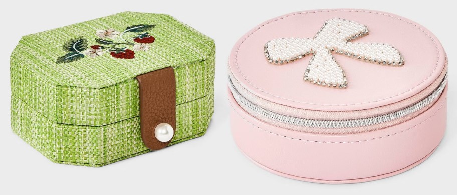 A New Day Hexagon Woven Embroidered Floral and Pearl Bow Round Travel Jewelry Storage Cases