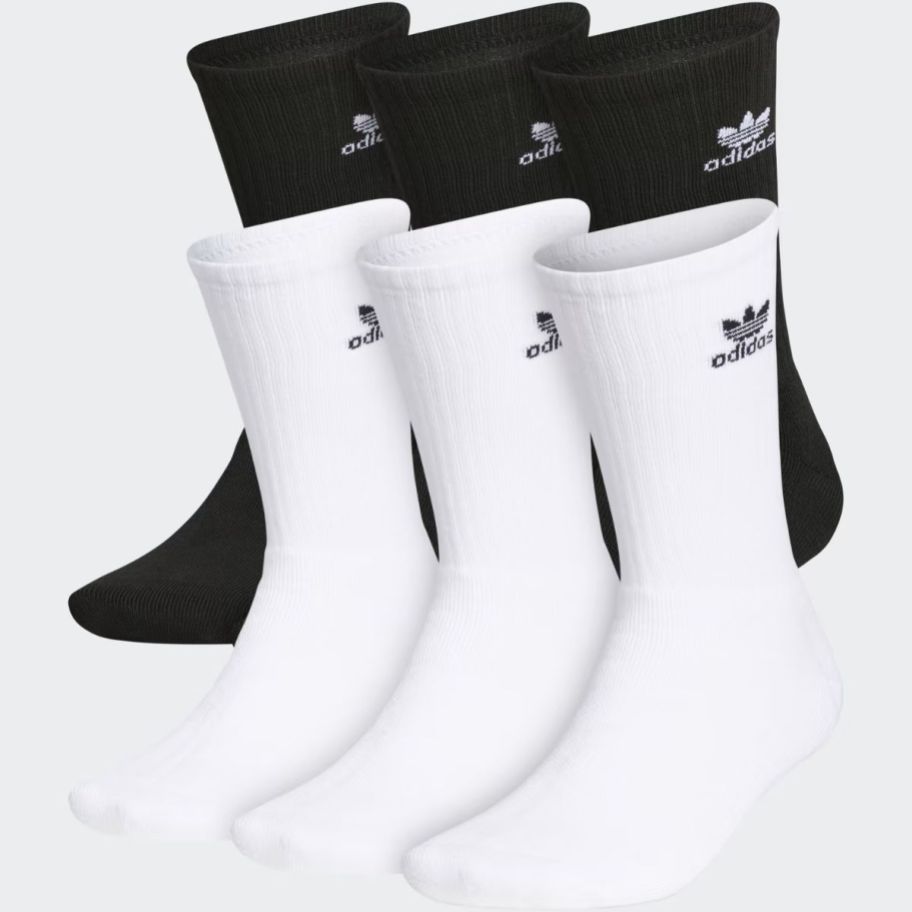 3 white adidas crew socks and 3 black adidas crew socks 