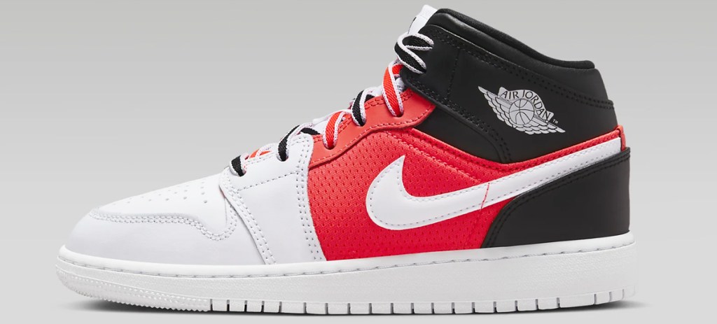 white, red, and black jordan sneaker