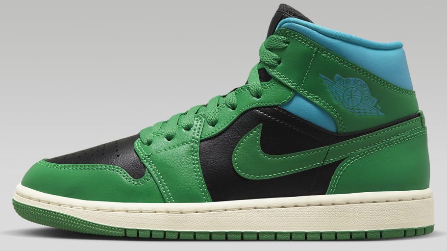 green, black, and blue high top jordan sneaker