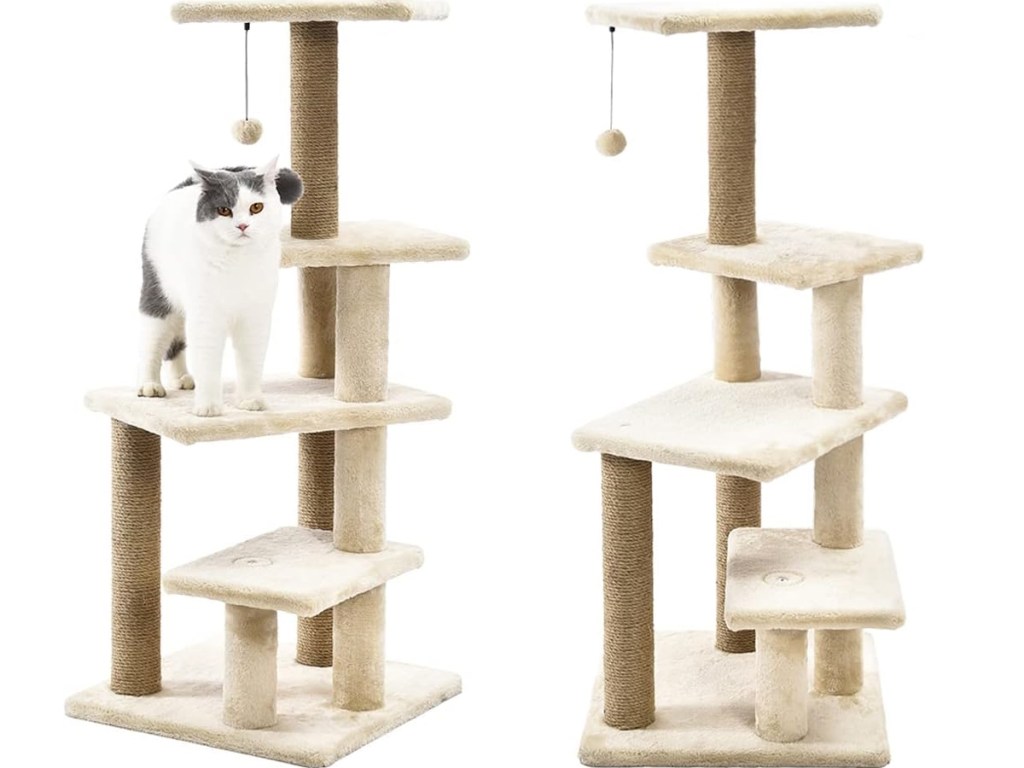 two views of a multi-level carpeted cat tower