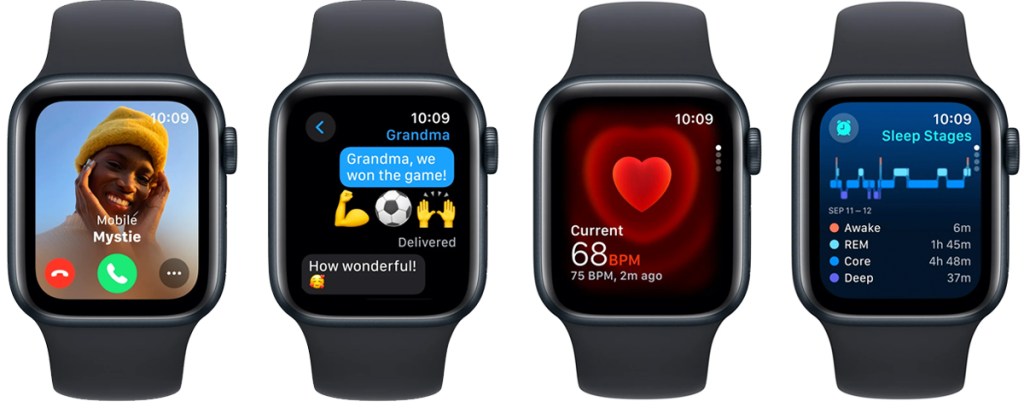 four black apple watches showing features on screens