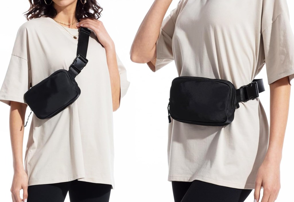 woman wearing a black belt bag two different ways