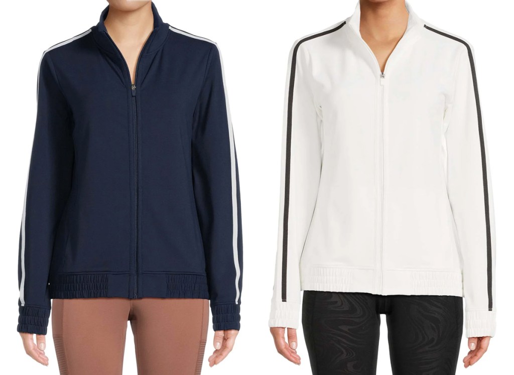 two women in navy blue and white track jackets