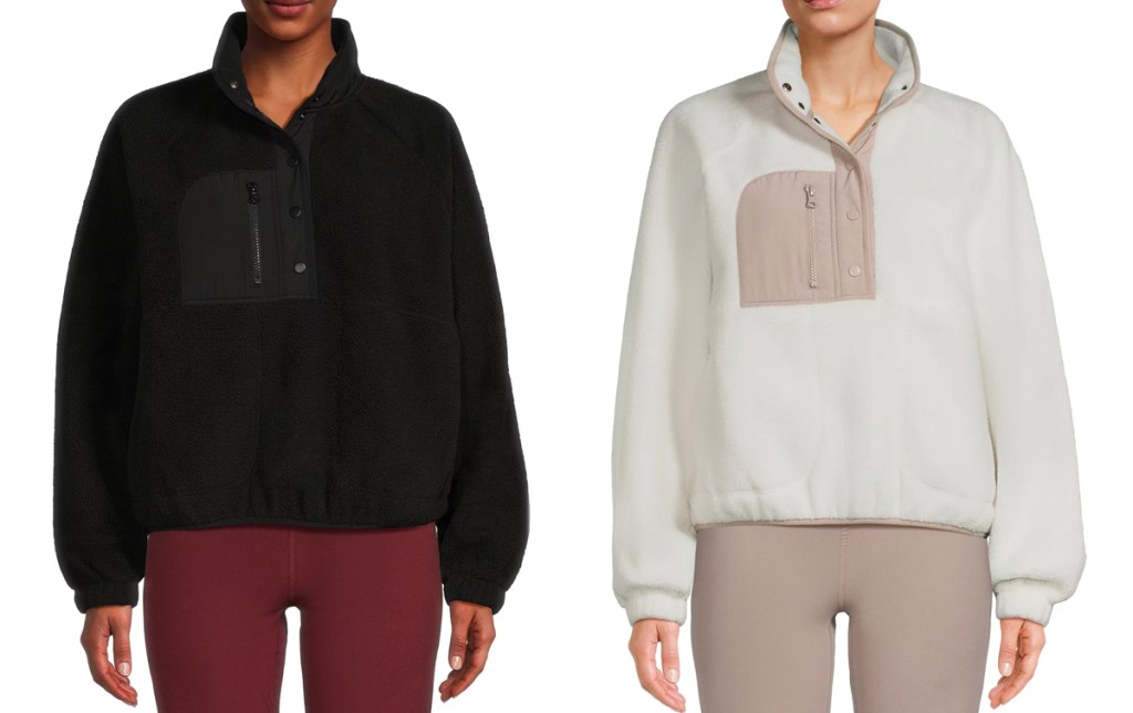 two women in black and white sherpa pullovers