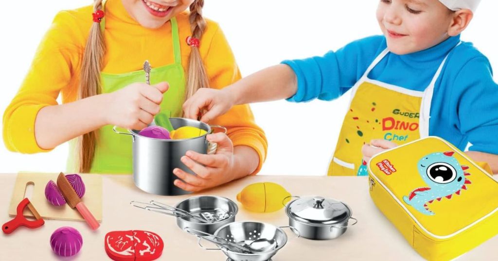 Children Playing with a Kids Kitchen Pretend Play Toys