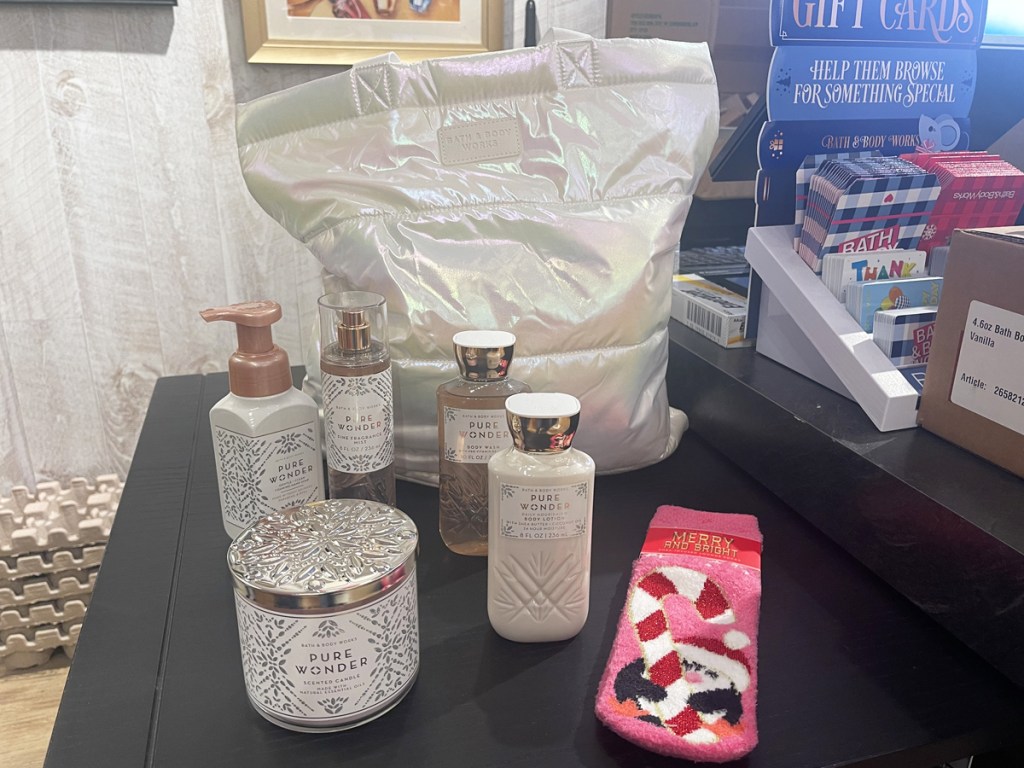 bath and body works pure wonder items and socks with white tote bag