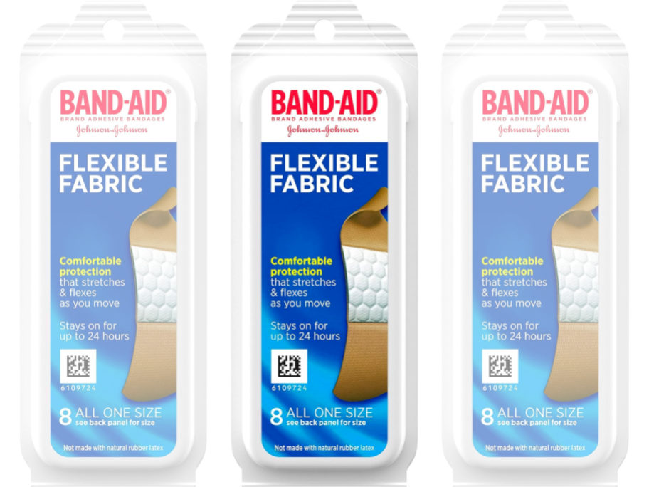 3 packs of band aid flexible fabric on white background