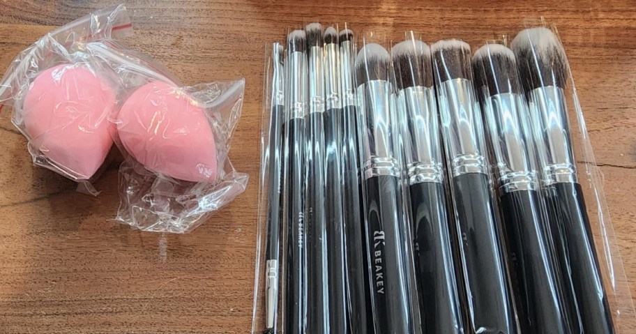 BEAKEY Makeup Brush 12-Piece Set with beauty blenders in packaging on table