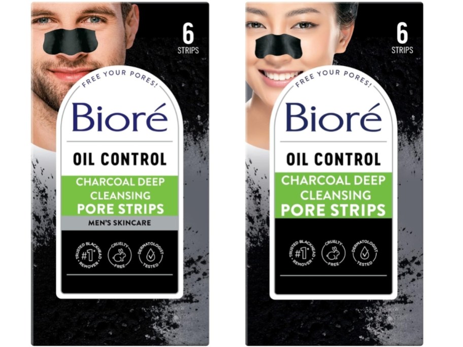 a box of mens Biore Charcoal Strips next to a box of regular Biore Charcoal Strips