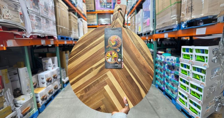 Birdrock Home Round Acacia Serving Board in hand in store