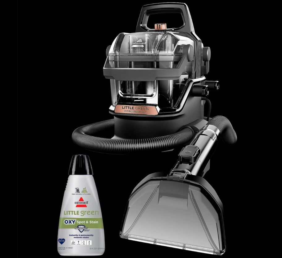 a Bissell Little Green HydroSteam Carpet Cleaner shown with included cleaning solution