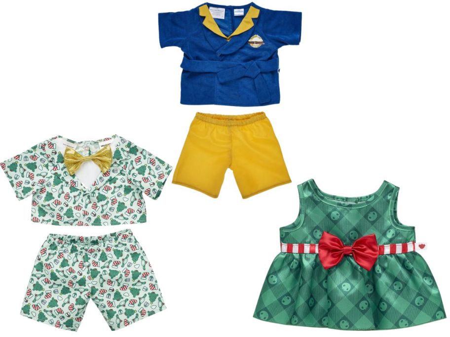 Several holiday outfits for stuffed bears