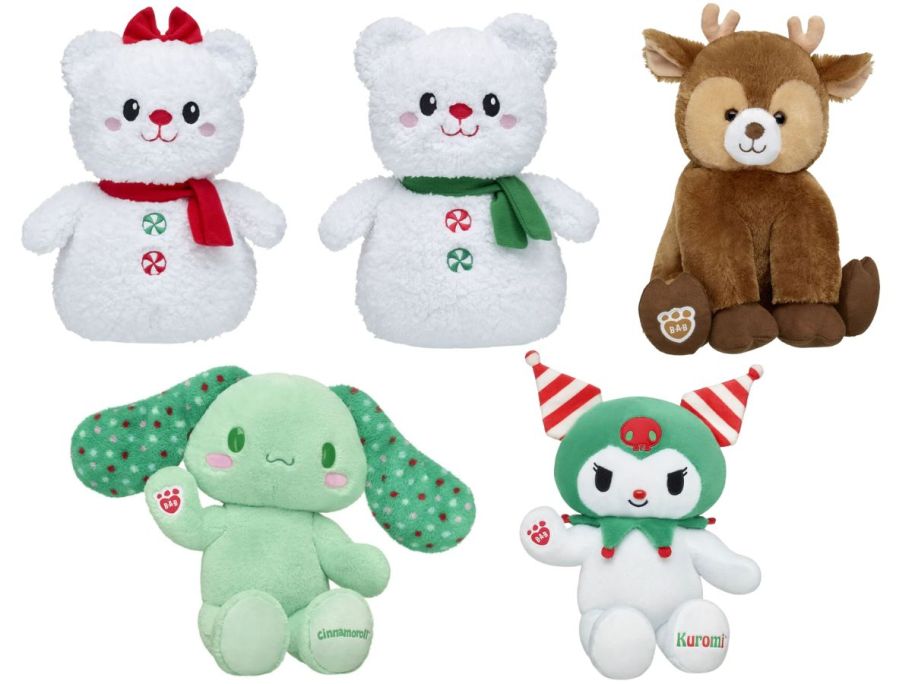 Plush toys: snowmen, reindeer, and Hello Kitty