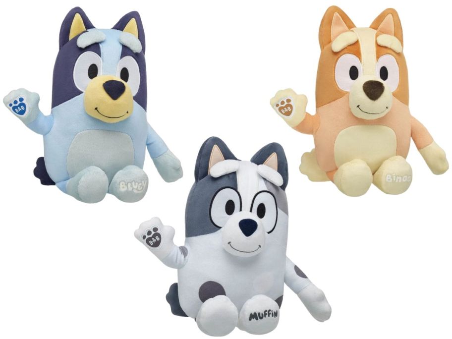 Bluey, Muffin, and Bingo plush dolls