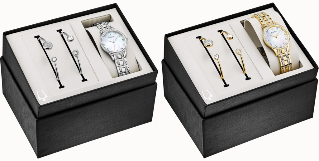 silver and gold boxed watch and bracelet sets
