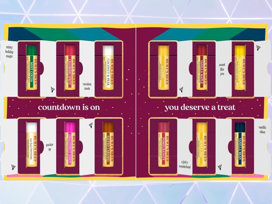 inside of the Burt's Bees 12 Days of Joy Lip Balm Advent Calendar Gift Set