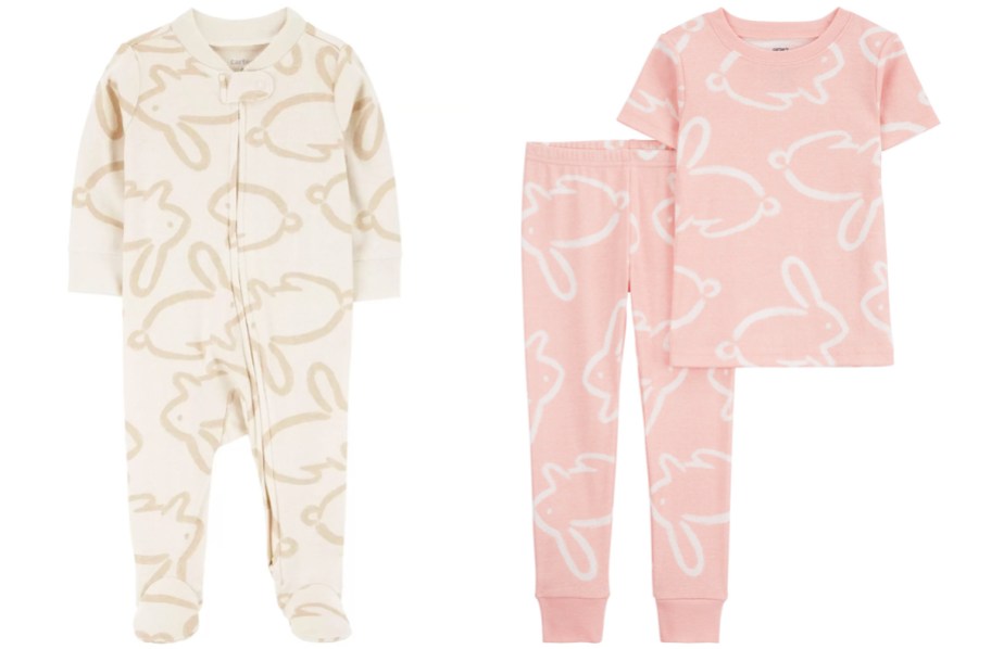 white bunny print onesie and pink bunny print pajama set