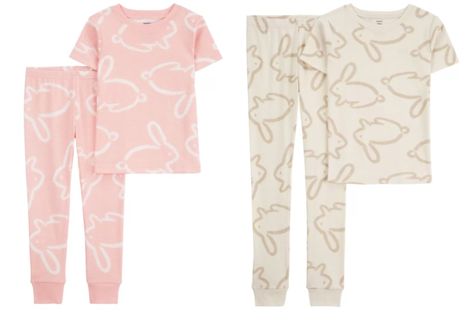 pink and white bunny print pajama sets
