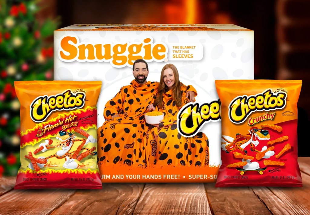 cheetos print snuggie and two small bags of cheetos