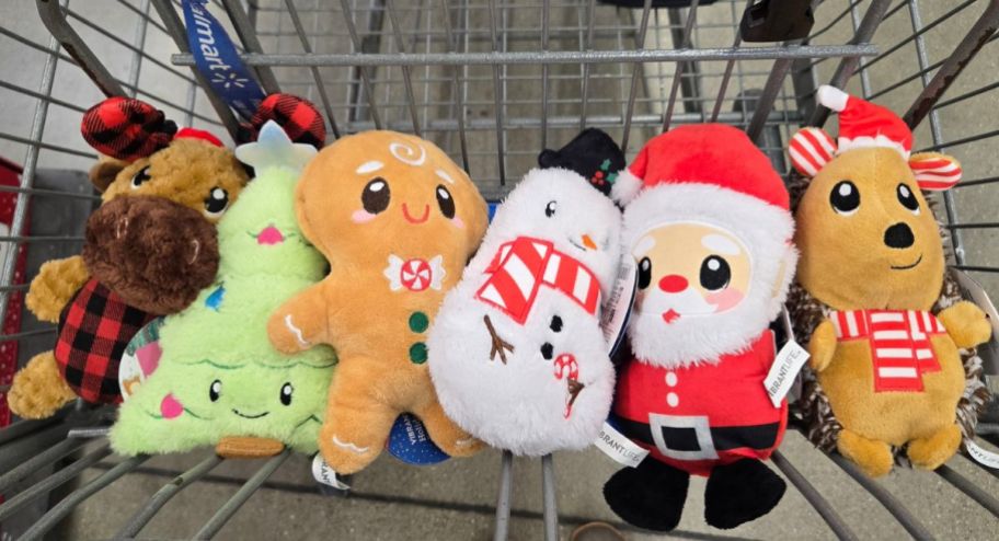 Christmas dog toys in shopping cart