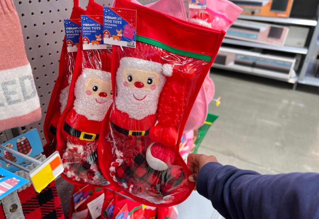 Christmas dog toys from Walmart in a Santa Stocking