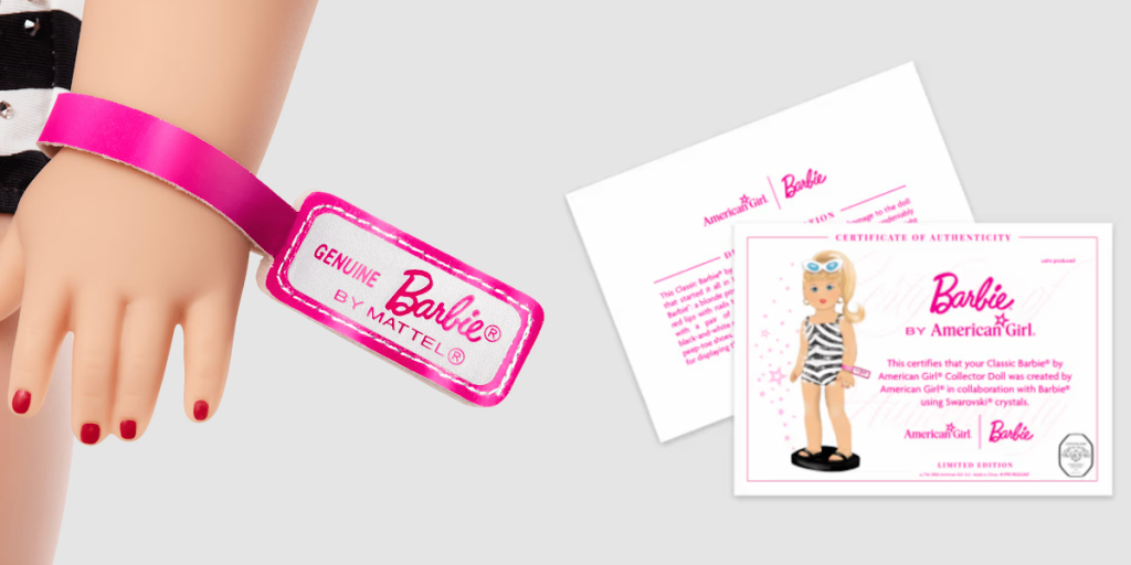Classic Barbie American Girl Doll certificates and wrist band