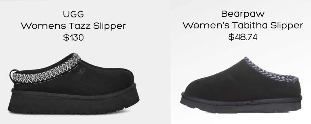 A pair of women's UGG tazz slippers compared to a more affordable pair of womens clog slippers by Bearpaw