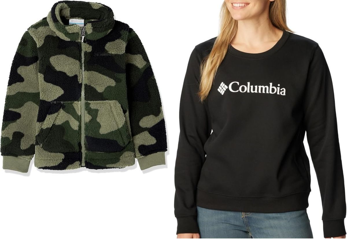 Stock images of a Colum bia baby fleece jacket and a women's columbia sweatshirt