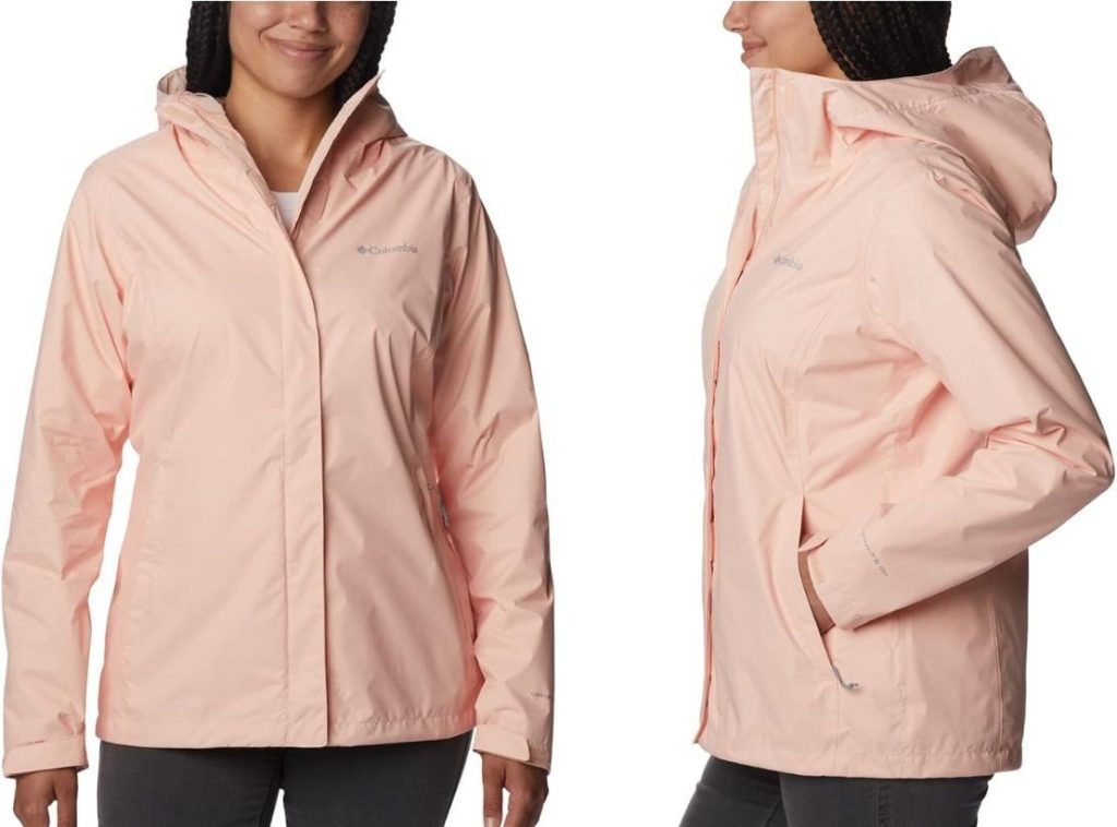 Stock images of front and side view of a woman wearing a Columbia Arcadia II Jacket