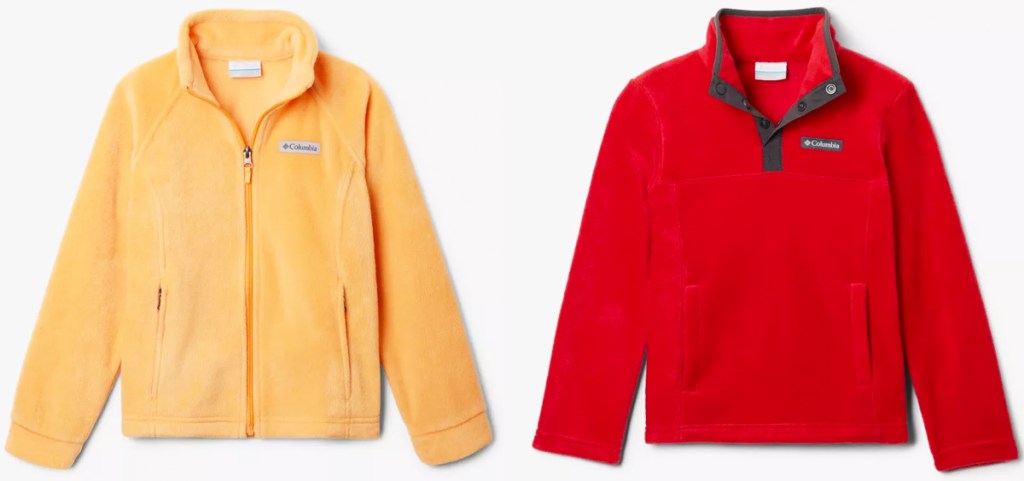 light orange and red columbia fleece jackets