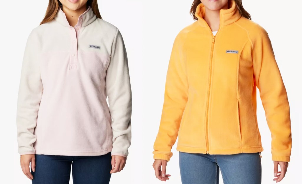 two women in light pink and light orange fleece jackets