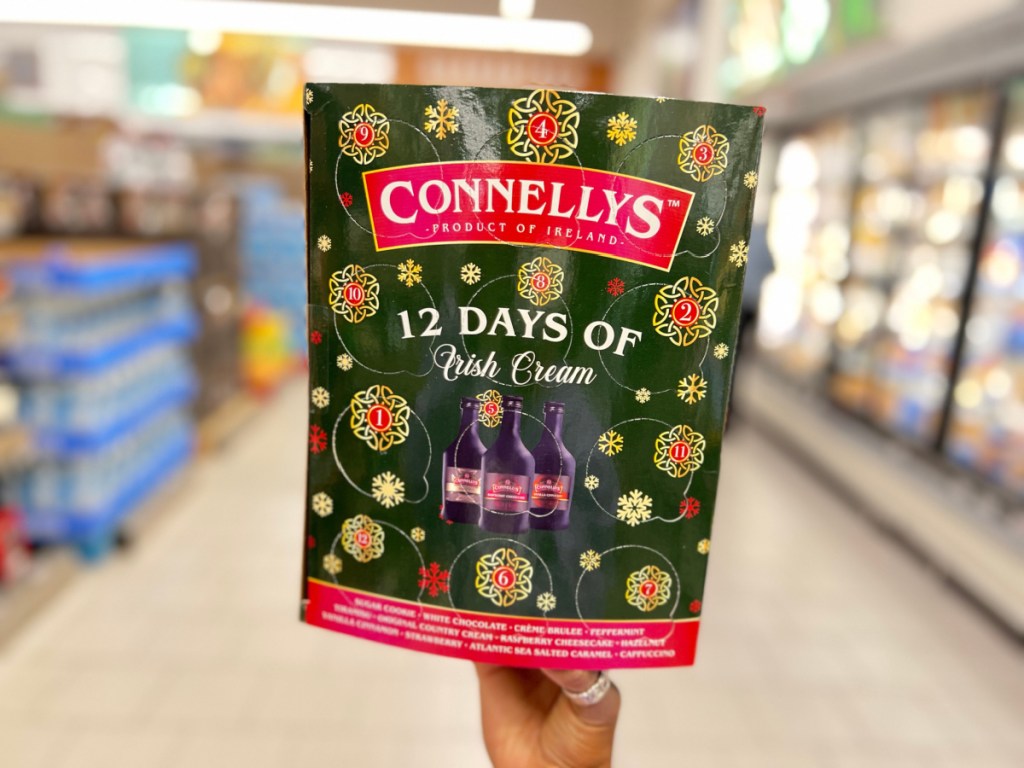 hand holding up a bag of connelly's 12 days of Irish cream