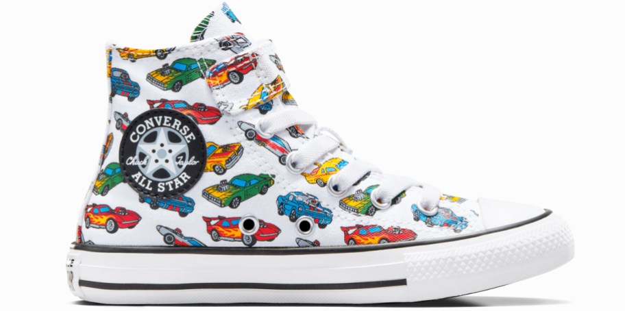 white high top sneaker with colorful car print allover