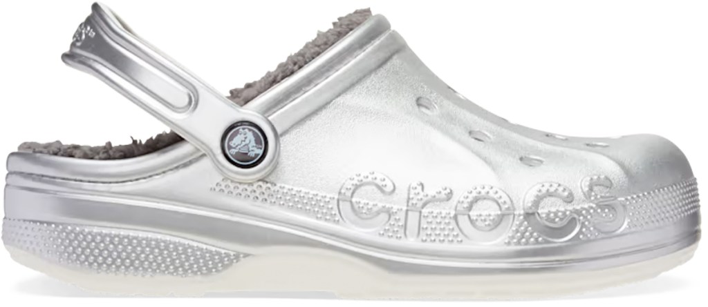 metallic silver lined crocs clog