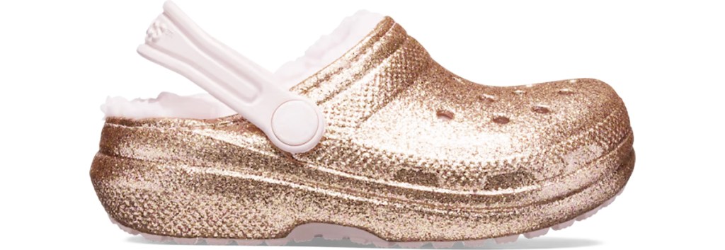 gold and pink glitter crocs clog