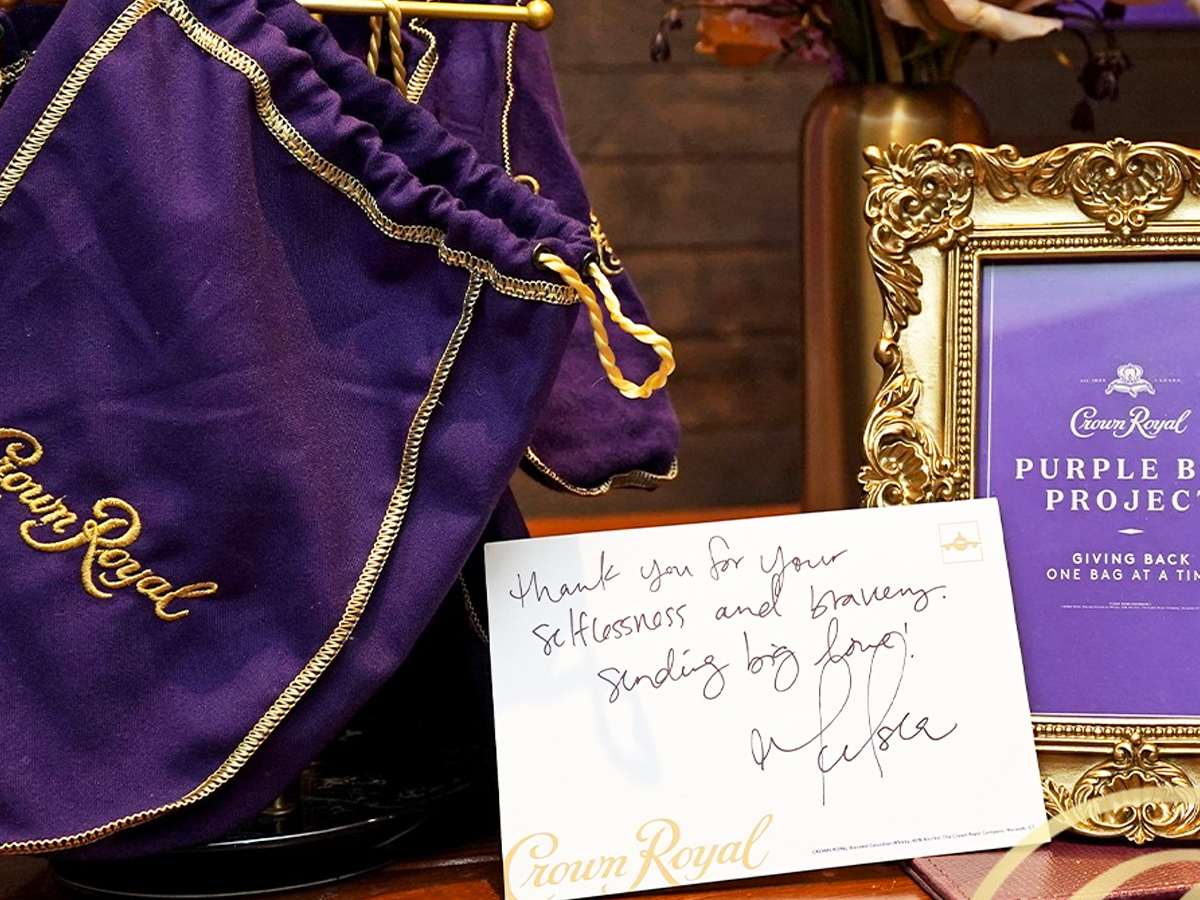 purple crown royal bag with hand written thank you note