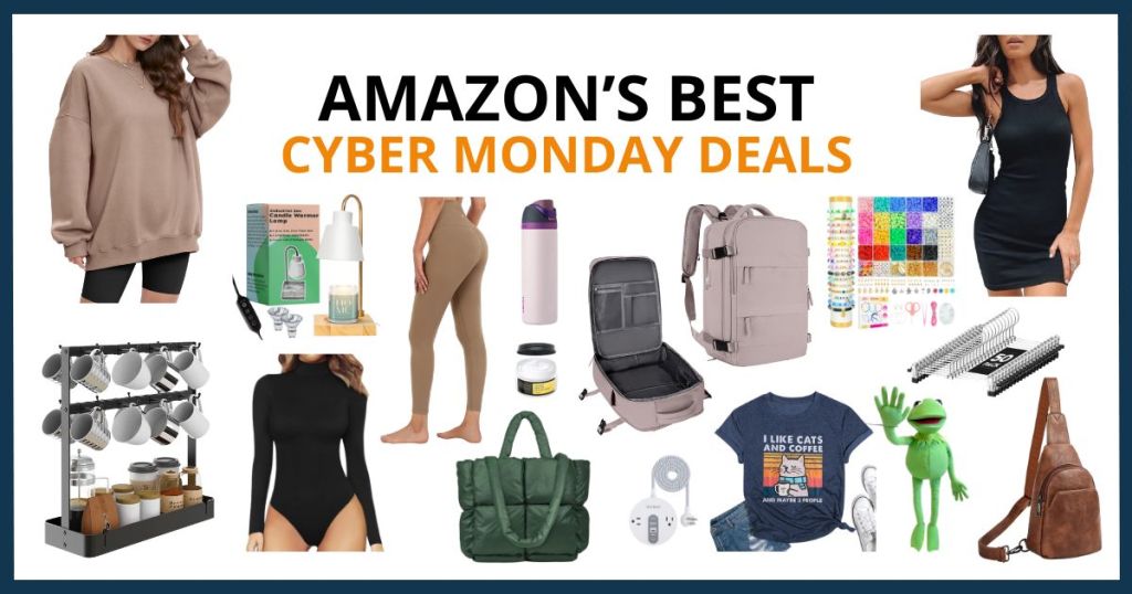 graphic showing 16 products with the text "Amazon's Best Cyber Monday Deals"