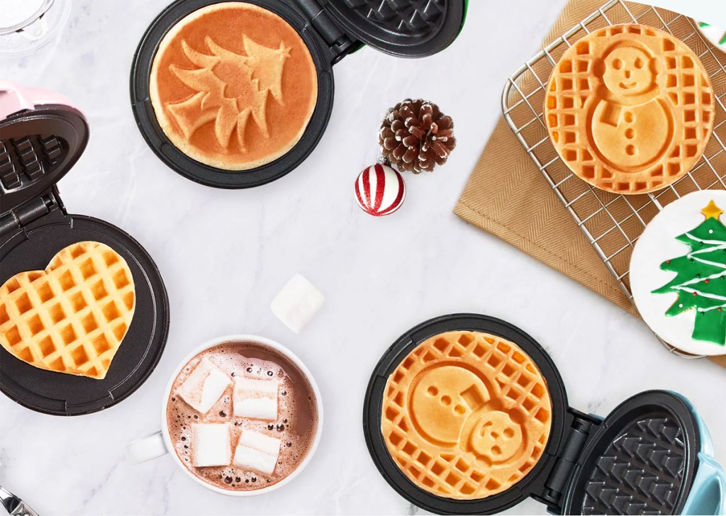 heart, snowman, and christmas tree mini waffle makers