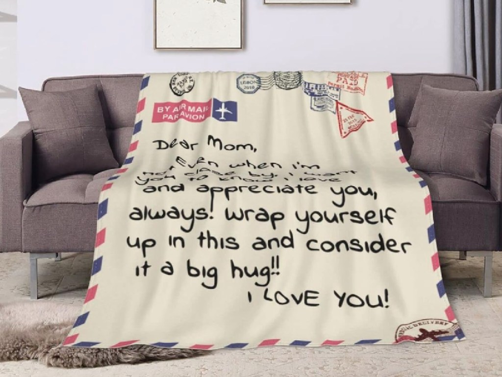 Dear Mom Blanket on couch