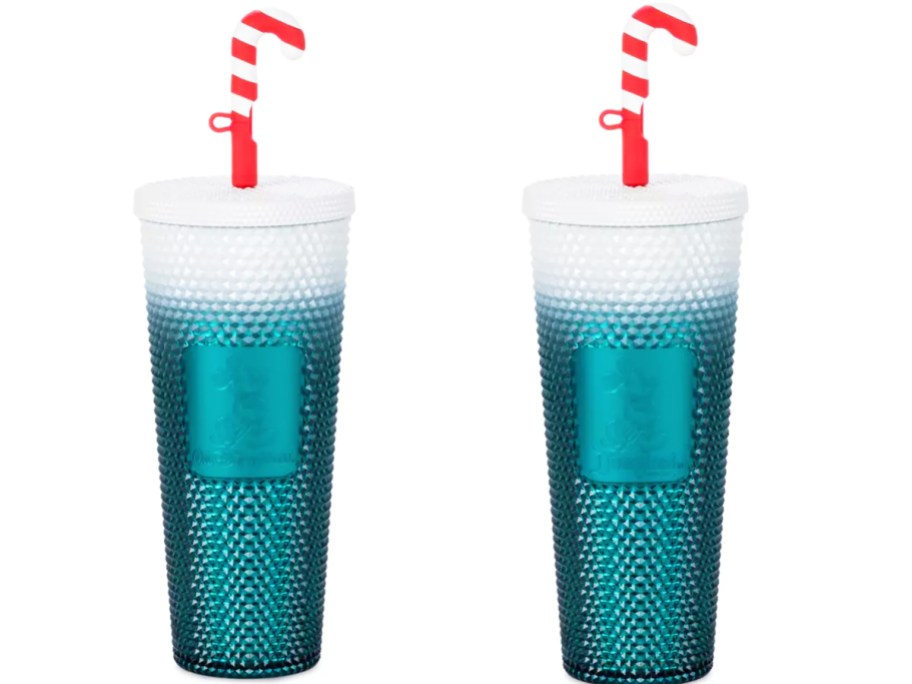 teal and white studded tumblers with candy cane straws