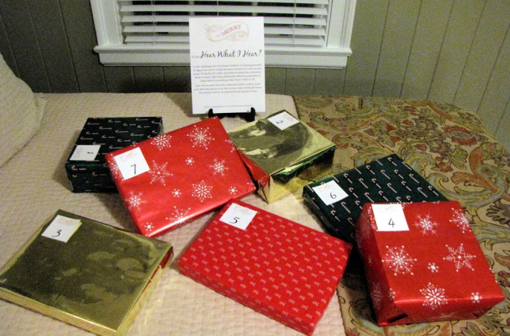 Wrapped presents for the Do You Hear What I Hear Christmas Game for kids and adults