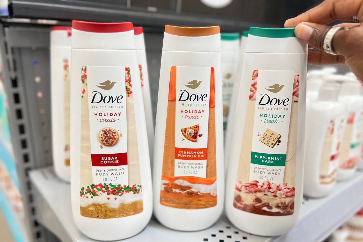 Dove holiday treats collection body washes in-store on a shelf