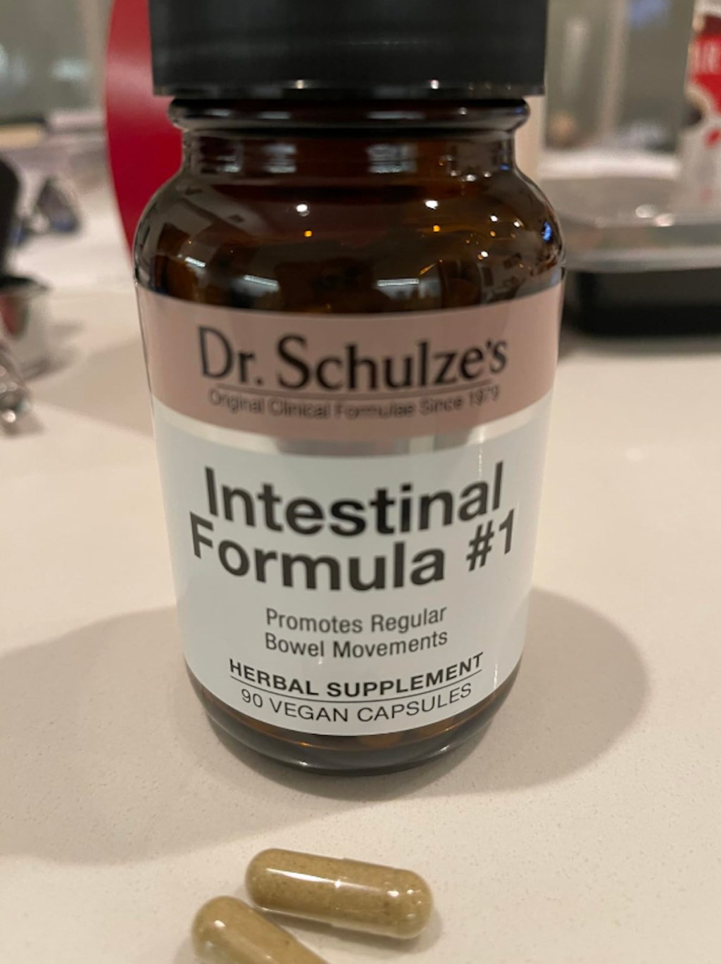 bottle of Dr. Schulze's Intestinal Formula #1 Colon Bowel Cleanse Laxative Capsules