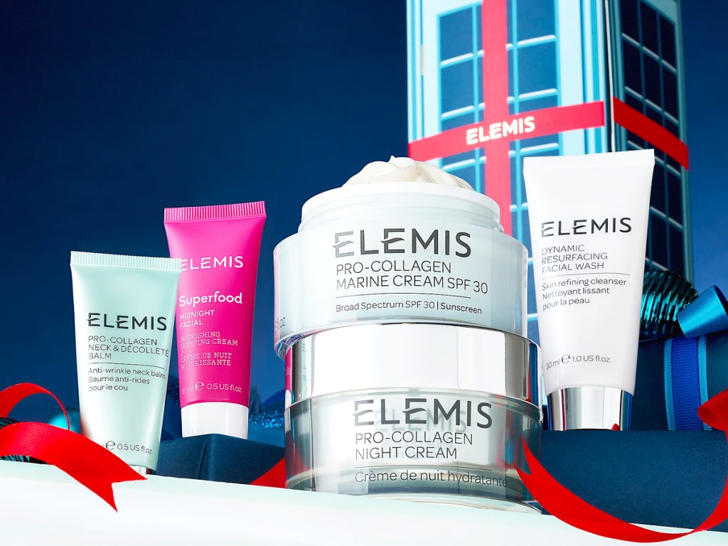 5 ELEMIS skincare products with red ribbon in background
