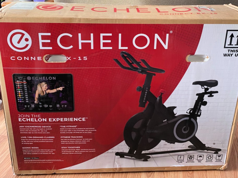 Cardboard box containing echelon, exercise bike