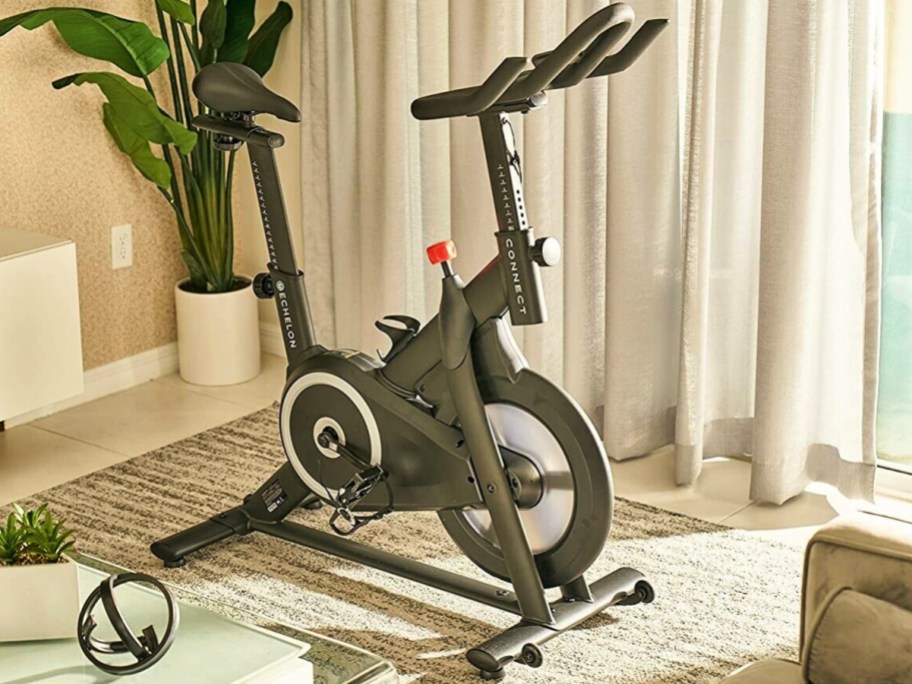 Indoor exercise bike set up in living room